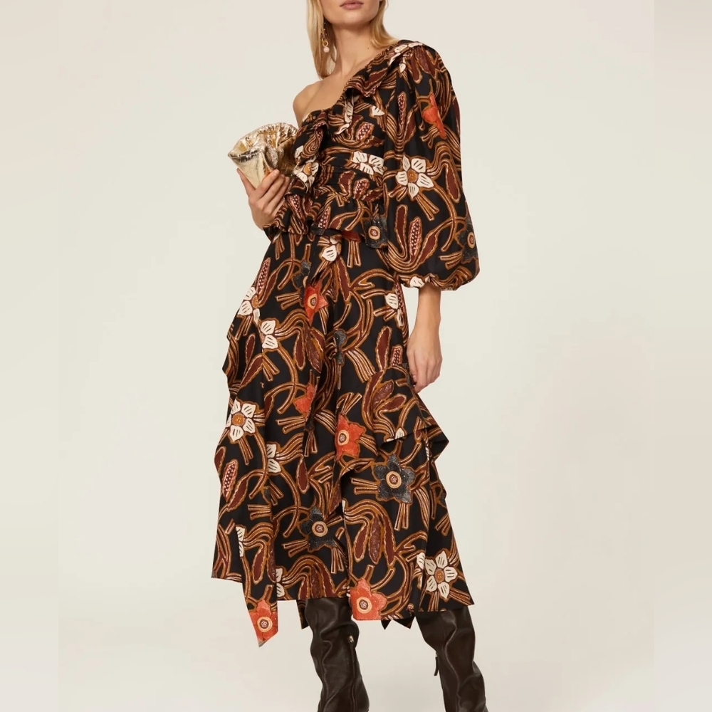 NWT ULLA JOHNSON MARIAM DRESS FLORAL MIDI ONE SHOULDER SILK SZIE  0